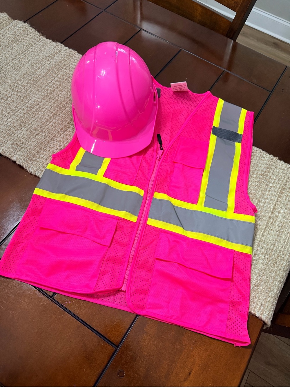 Women Teen Halloween Construction Worker Vest and Hard Hat in Hot Pink